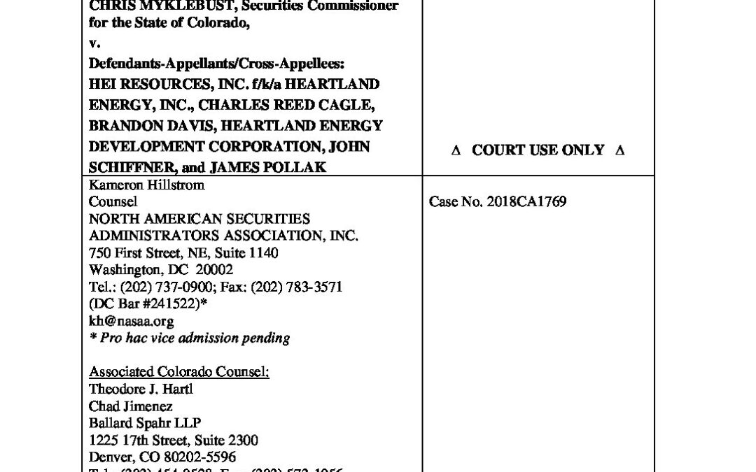NASAA Amicus Myklebust v. HEI Resources (Colorado) – 05312019