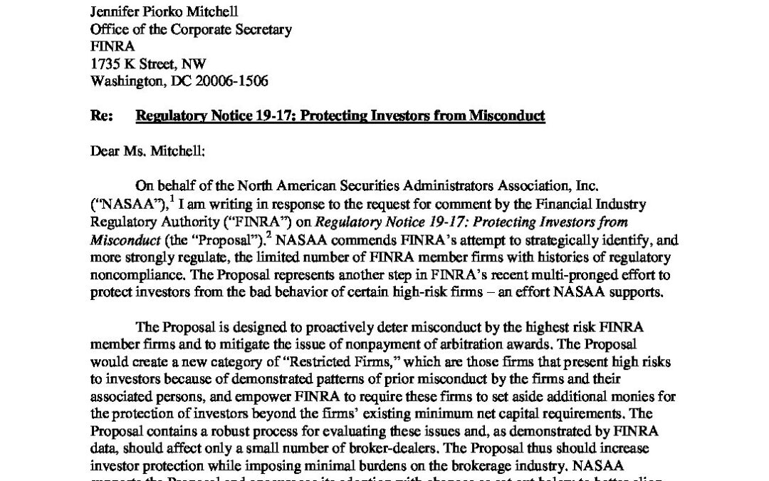 NASAA Reg. Notice 19-17 Comment Letter (7-1-19)