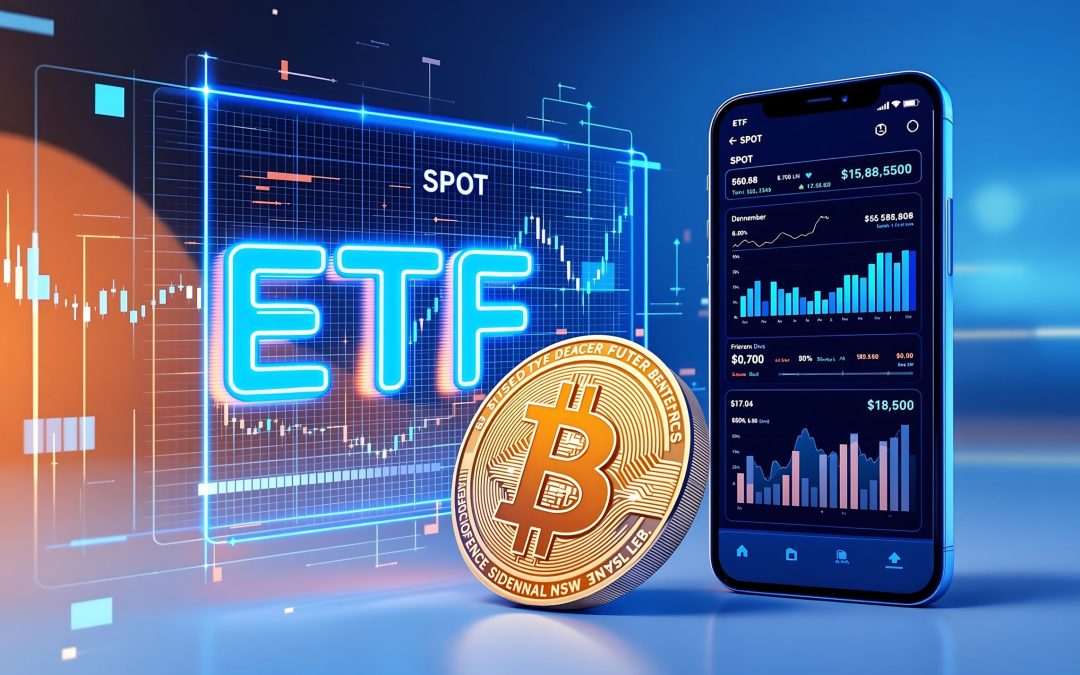 Crypto and Bitcoin Exchange Traded Fund (ETF) Approved for Institutional Investment on Stock Exchanges with Information Data in Wide Banner Design