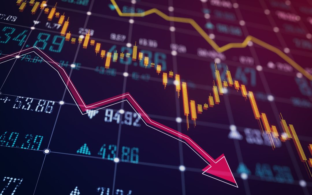 A digital stock market chart showing a downward trend arrow against a blue and black background, illustrating an economic downturn concept. 3D Rendering