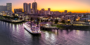 New Orleans skyline at sunset.